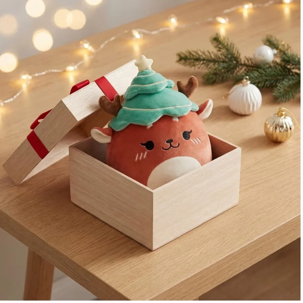 Merry Christmas ‘Reindeer Plushie with Tree Hat’ Holiday Pillow